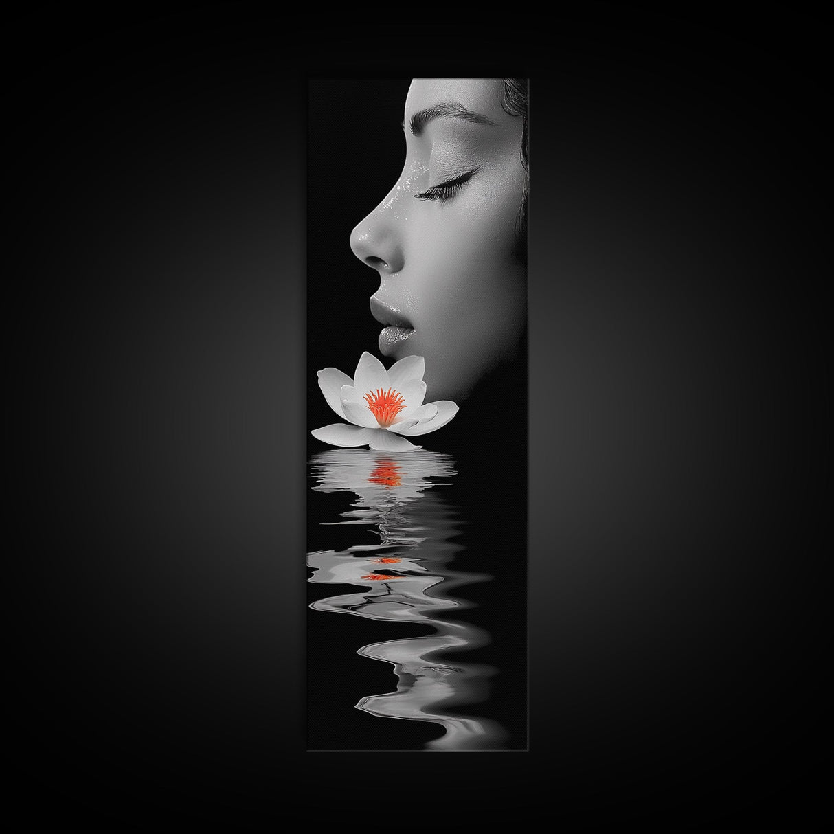 Lotus Beauty, Reflection Art, Feminine Calm, Elegant Profile, Framed Canvas Print, Spa Wall Art, Zen Decor, Minimalist Bathroom Art