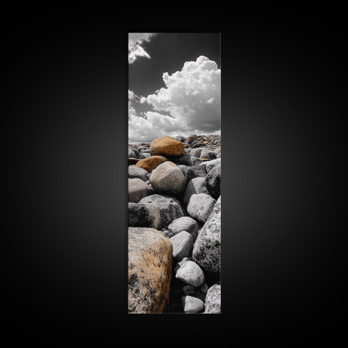 Golden Boulder, Rock Field, Dramatic Sky, Earth Tone Print, Framed Canvas Print, Nature Inspired Decor, Autumn Entryway Artwork