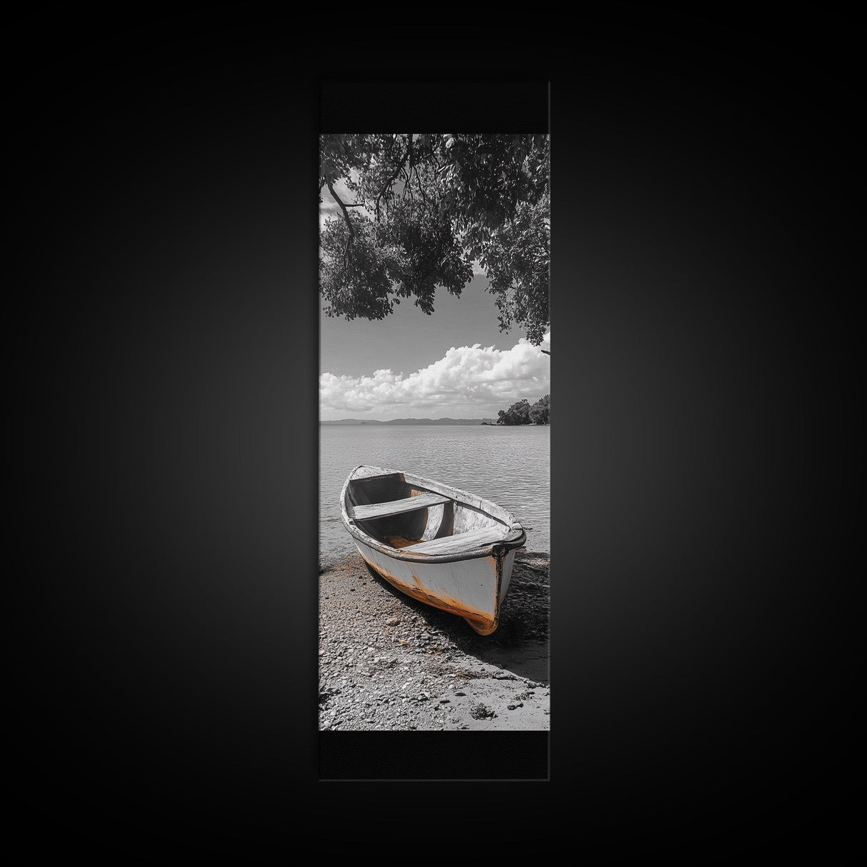 Rustic Rowboat, Tranquil Shore, Coastal Serenity, Vintage Lake Style, Canvas Print, Living Room Wall Art, Monochrome Nature Photography