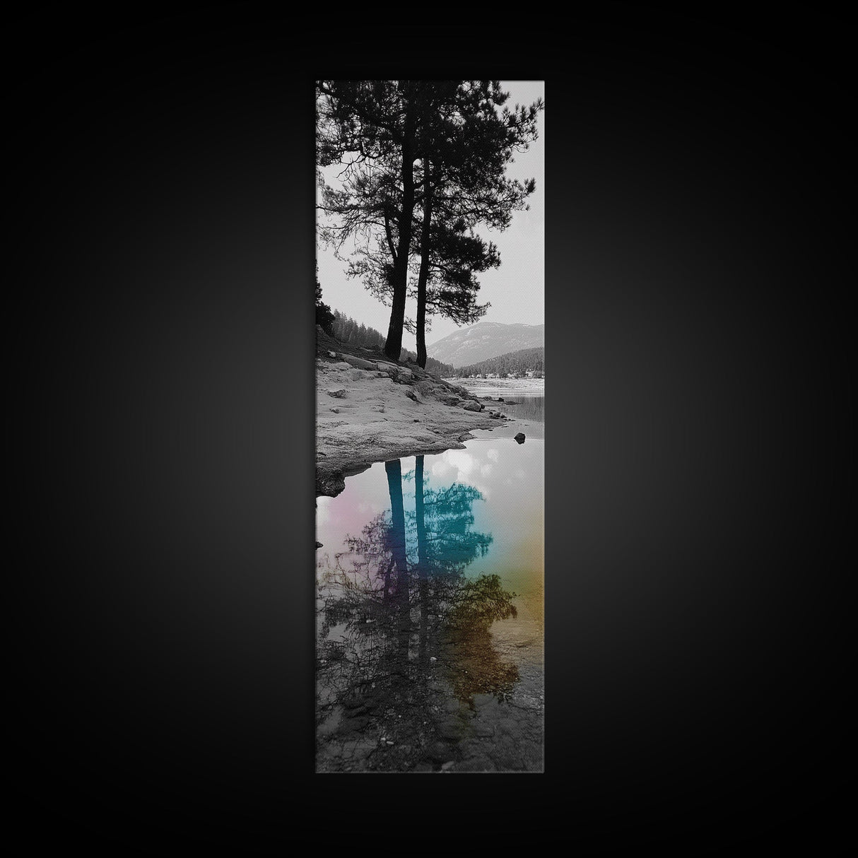 Tree Reflection, Moody Landscape, Nature Serenity, Rainbow Water, Framed Canvas Print, Boho Style, Bedroom Wall Art, Artistic Calm