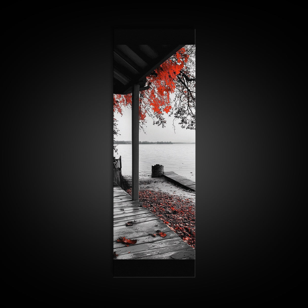 Fall Porch Scene, Lakeview Autumn, Red Leaves Deck, Tranquil Water, Canvas Print, Rustic Wall Art, Cozy Cabin Decor, Entryway Style