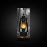 Vintage Lantern Glow, Moody Forest Scene, Rainy Night Light, Framed Canvas Print Rustic Entryway Wall Art, Autumn Warmth Art Style