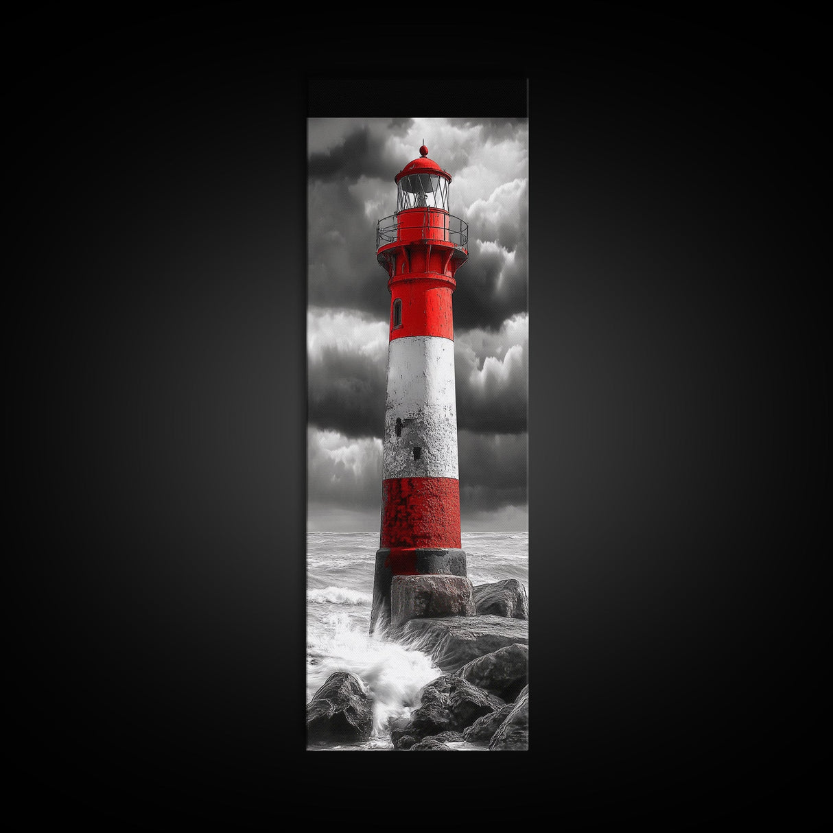 Red Lighthouse Storm, Coastal Beacon Art, Dramatic Seascape, Nautical Scene, Framed Canvas Print Living Room Wall Art, Moody Decor