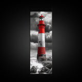 Red Lighthouse Storm, Coastal Beacon Art, Dramatic Seascape, Nautical Scene, Framed Canvas Print Living Room Wall Art, Moody Decor