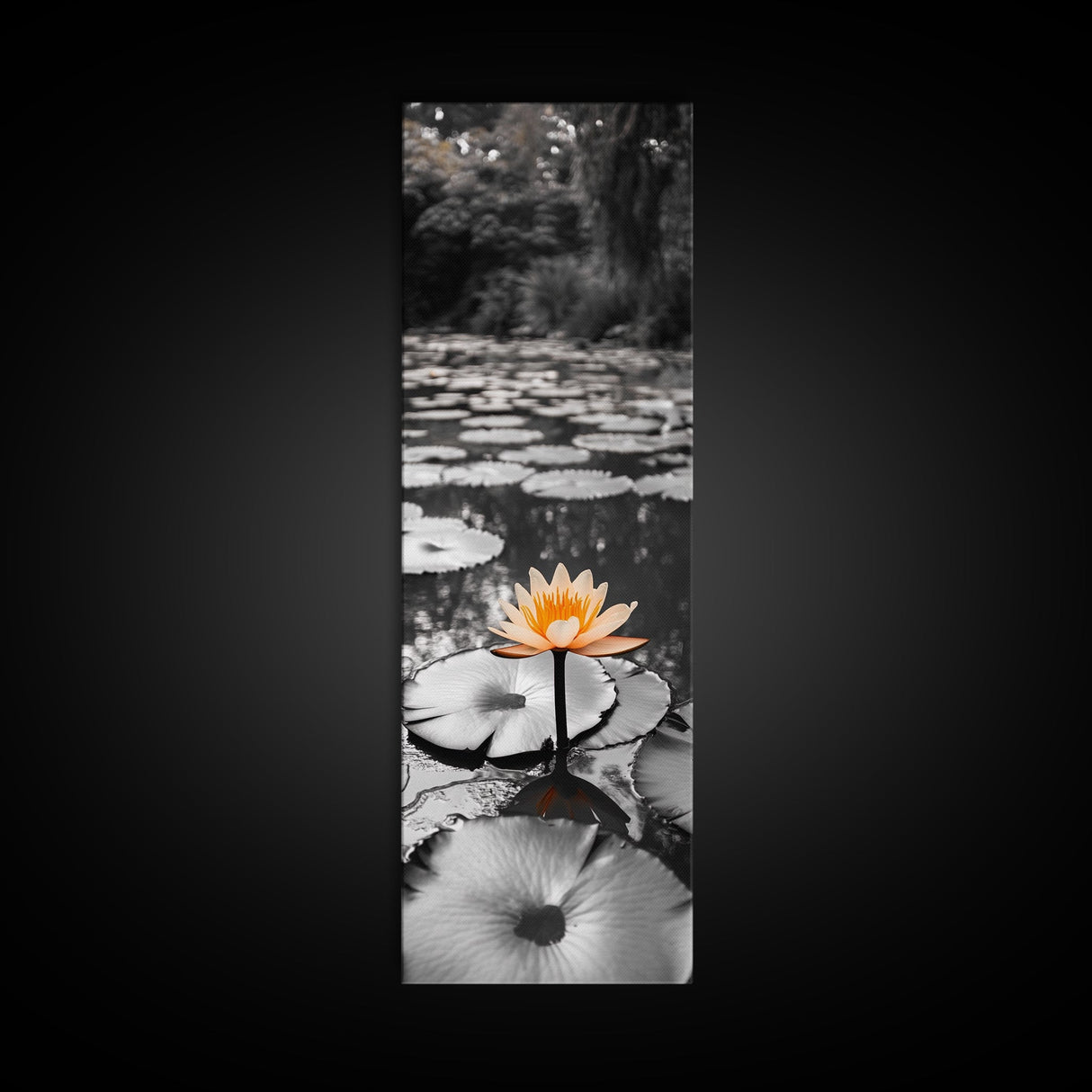 Orange Water Lily, Peaceful Pond Scene, Nature Reflection, Elegant Bloom, Framed Canvas Print Zen Bathroom Wall Art, Botanical Decor