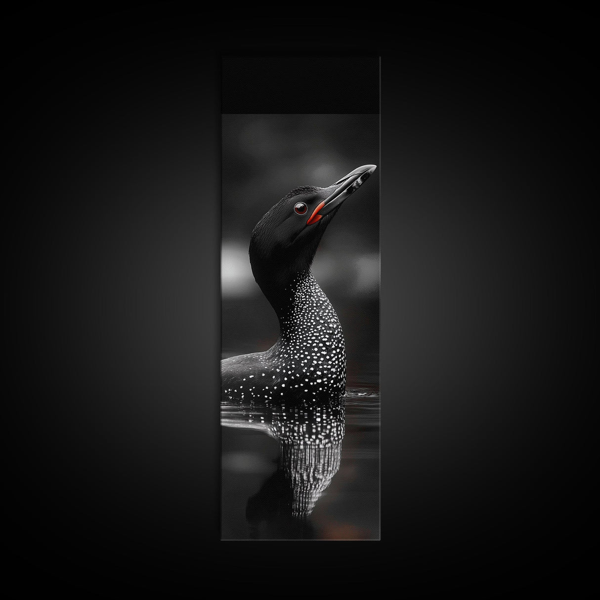 Loon Bird, Red Eye, Monochrome Wildlife, Nature Framed Canvas Print, modern living room wall art, black and white animal art