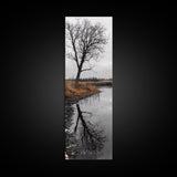 Bare Tree, Marsh Reflection, Autumn Tones, Moody Nature Framed Canvas Print, fall farmhouse wall art, rustic entryway decor, office wall art