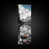 Alpine Reflection, Lake View, Mountain Tranquility, Framed Canvas Print, Nature Lover Gift, Bathroom Wall Art, Boho Landscape Art, Neutral Decor