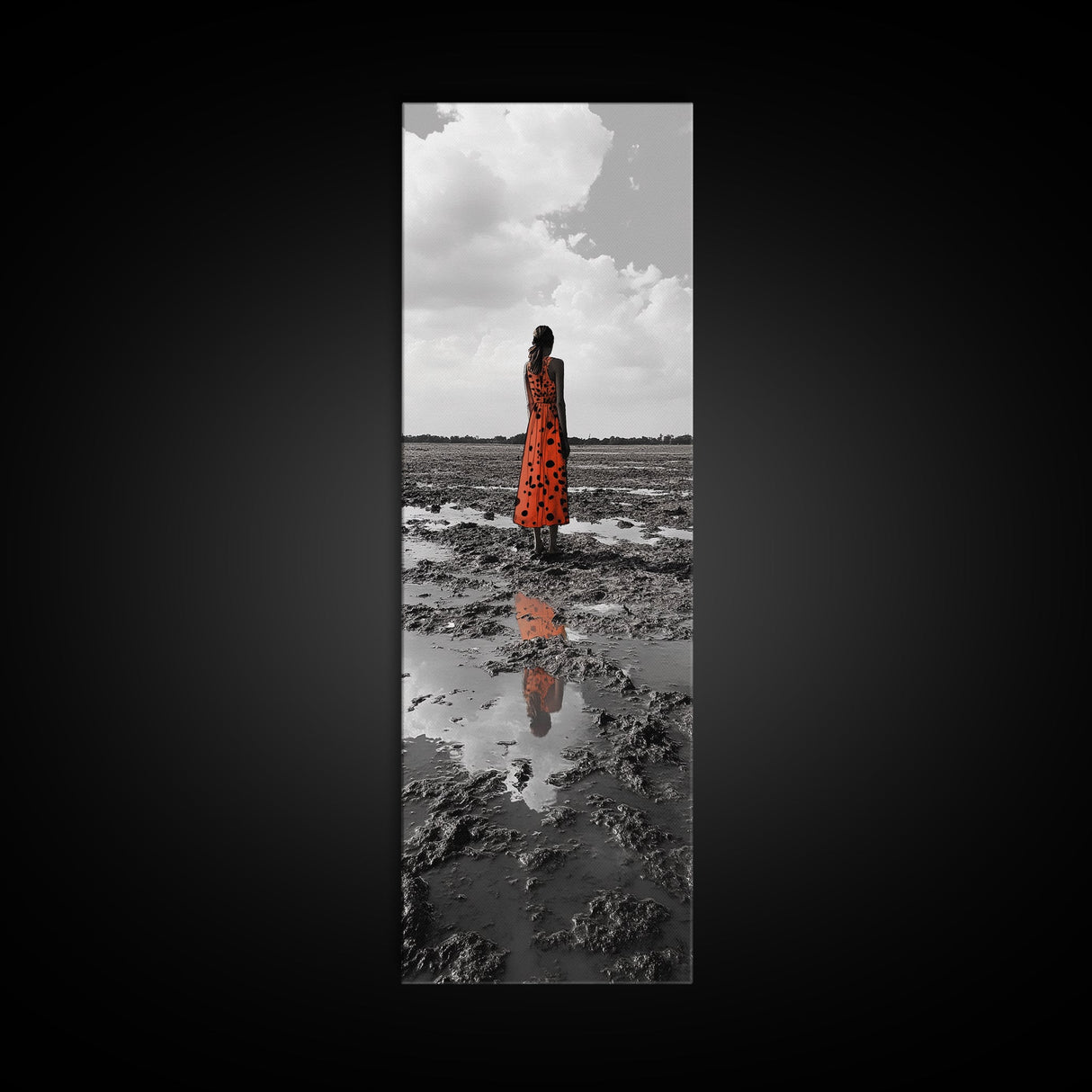 Solitary Woman, Polka Dot Dress, Reflected Mood, Framed Canvas Print, Surreal Fine Art, Bedroom Wall Art, Contemporary Minimalist Style