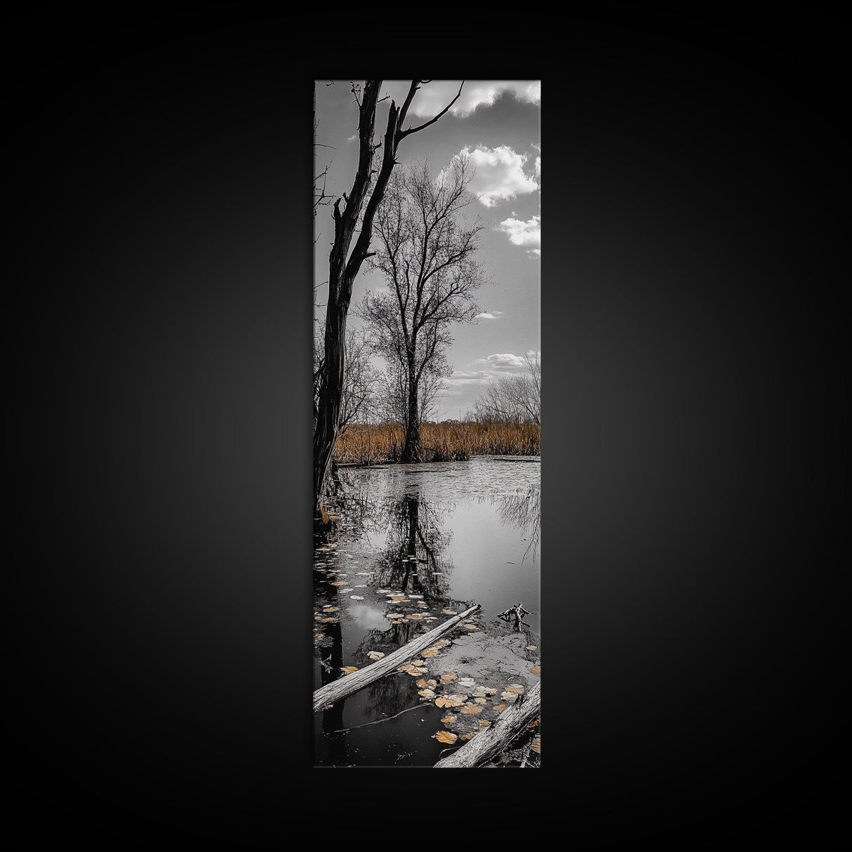Swamp Trees, Moody Waters, Golden Lilies, Reflective Pond, Framed Canvas Print, Autumn Wall Art, Nature Decor, Living Room Landscape