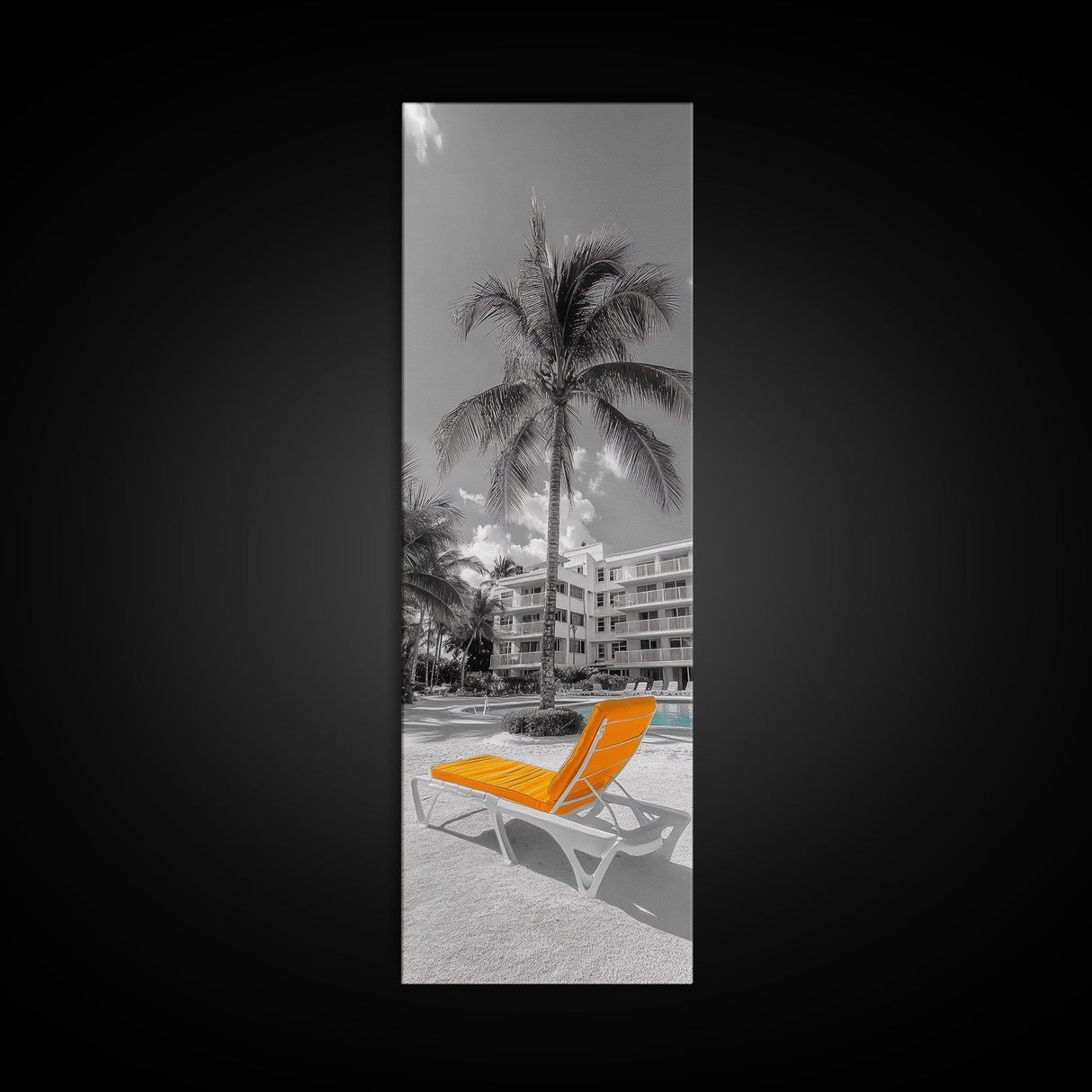 Poolside Palm, Tropical Escape, Resort Vibe, Orange Chair, Framed Canvas Print, Summer Wall Decor, Boho Art, Living Room Tropical Art