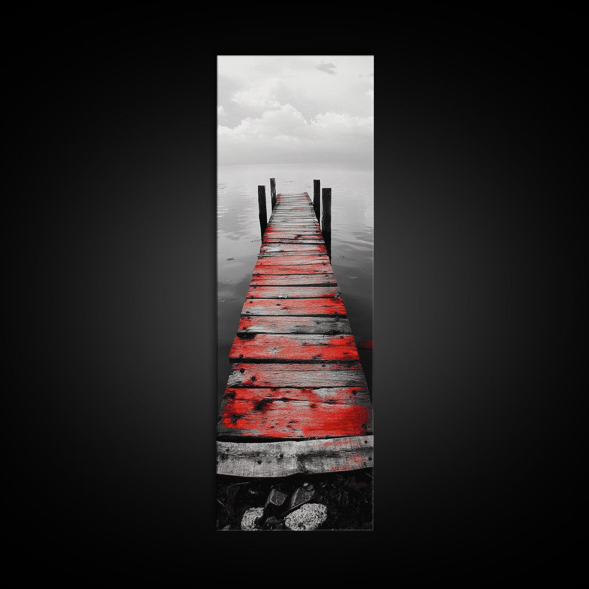 Red Dock, Still Water, Rustic Lake, Quiet Pier, Canvas Print, Bedroom Wall Art, Moody Lake Photography, Autumn Cabin Decor, Minimalist