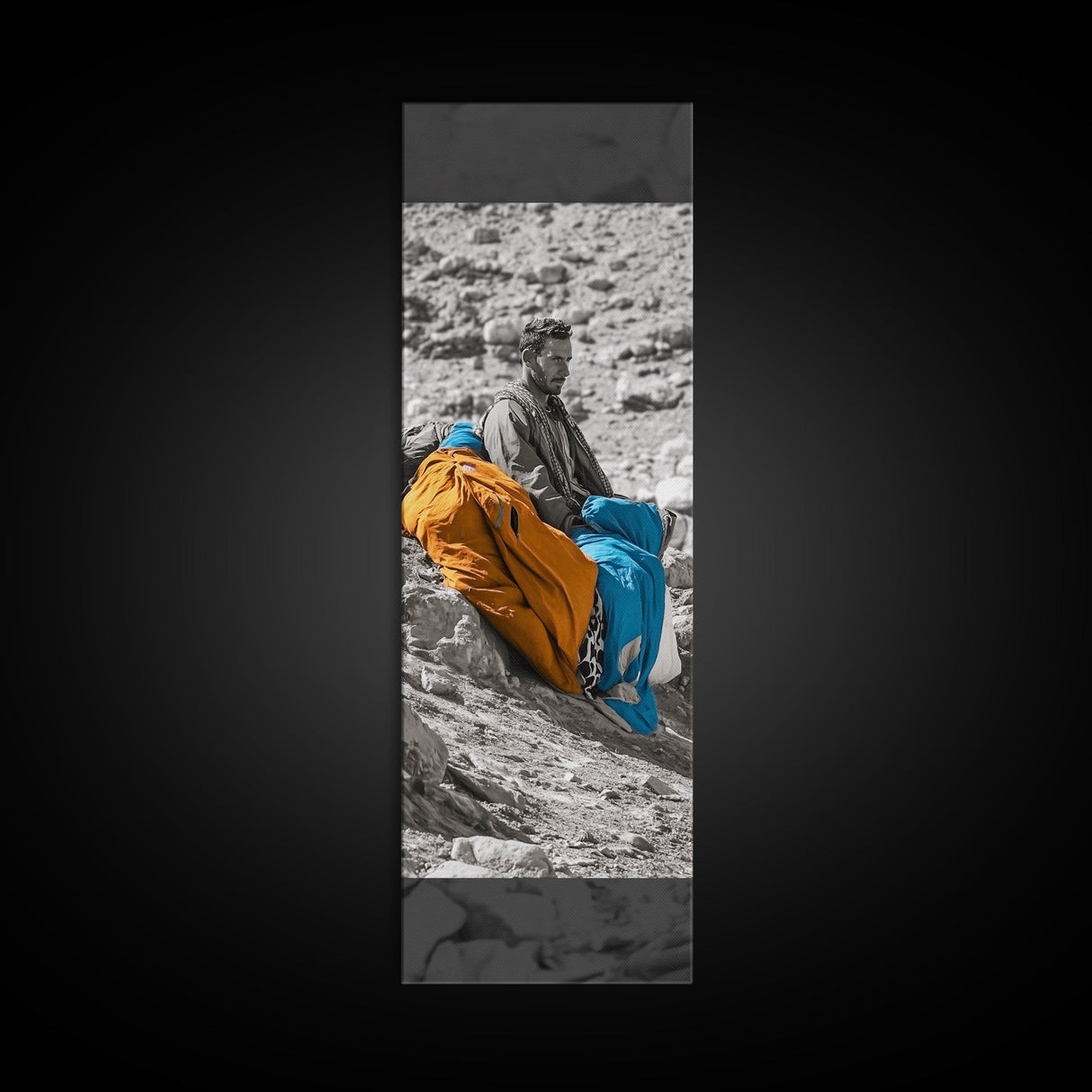 Nomadic Man, Desert Life, Color Blankets, Tribal Spirit, Framed Canvas Print, Ethnic Art, Boho Decor, Bedroom Wall Art, Cultural Piece
