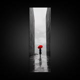 Red Umbrella, Rainy Day, Urban Silhouette, Framed Canvas Print, Minimalist Wall Art, Modern Entryway Decor, Monochrome Mood