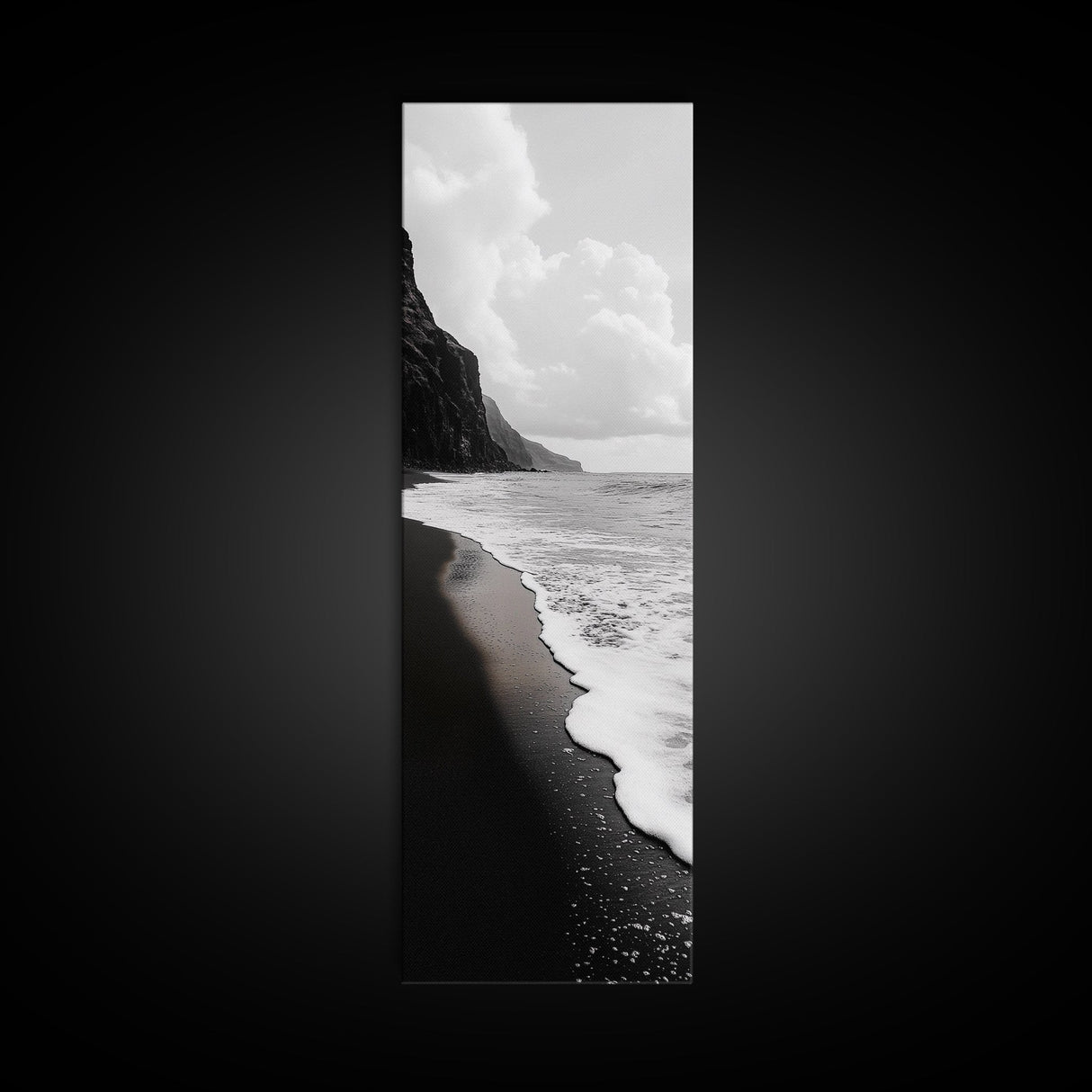 Black Sand, Ocean Foam, Rocky Shoreline, Coastal Serenity, Framed Canvas Print, Monochrome Wall Art, Bathroom Decor, Beach Minimalist