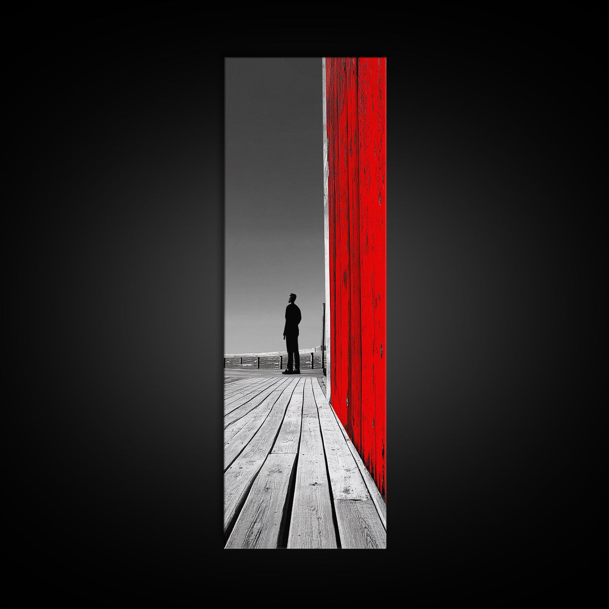 Man Silhouette, Red Wall, Boardwalk Contrast, Minimal Scene, Framed Canvas Print, Urban Wall Art, Modern Decor, Office Accent Piece