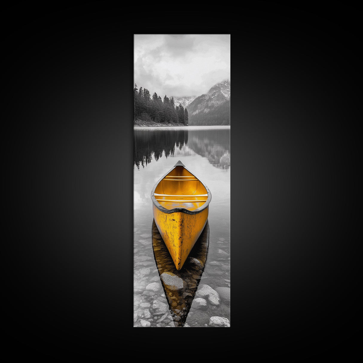 Yellow Canoe, Peaceful Lake, Mountain Reflections, Canvas Print, Nature Lover Gift, Minimalist Wall Art, Cabin Living Room Decor