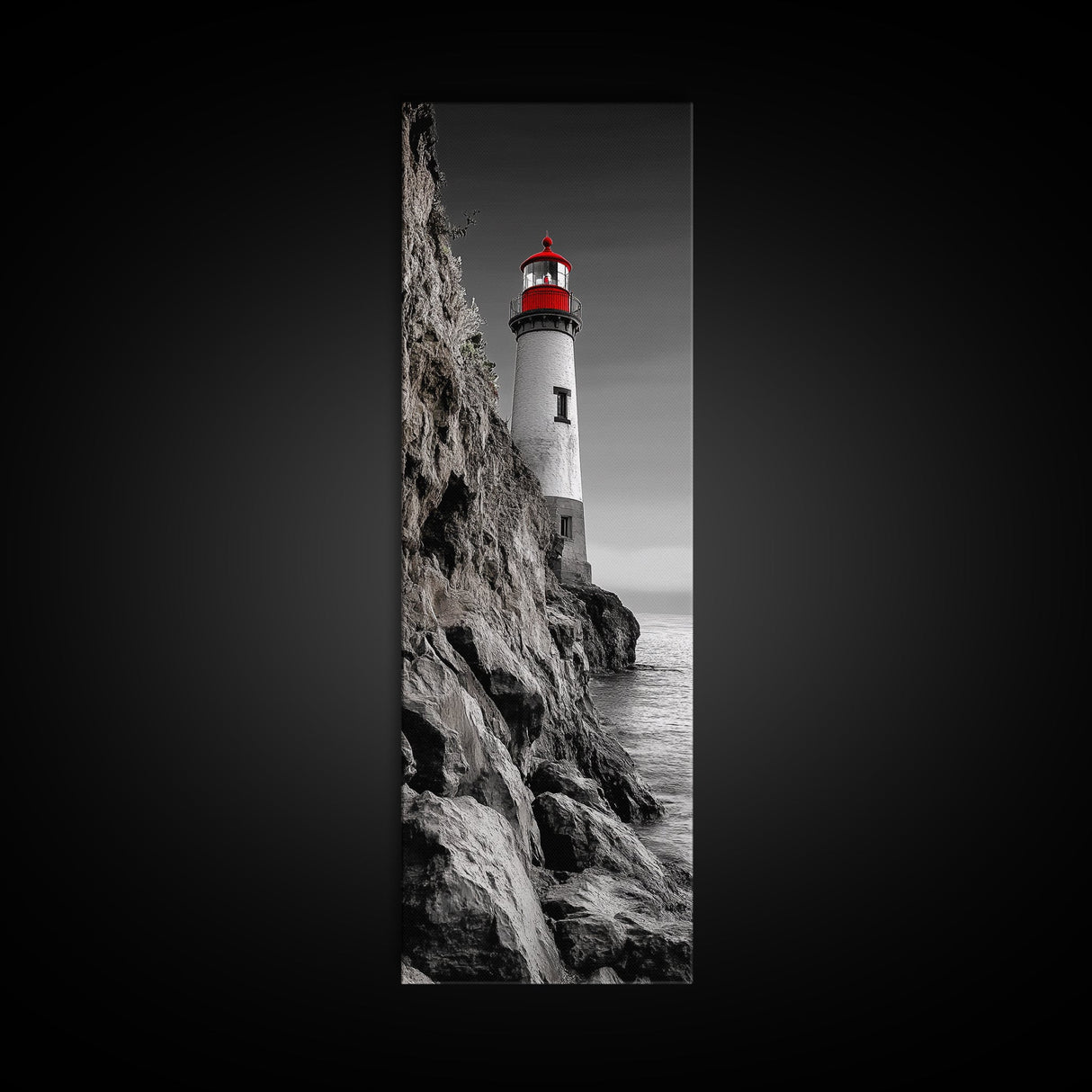 Red Lighthouse Art, Nautical Coastal Scene, Moody Seaside Decor, Framed Canvas Print, Ocean Wall Art, Bathroom or Office Accent