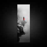 Misty Lighthouse View, Red Beacon Decor, Coastal Minimalist Art, Framed Canvas Print, Modern Seascape Living Room Wall Decor