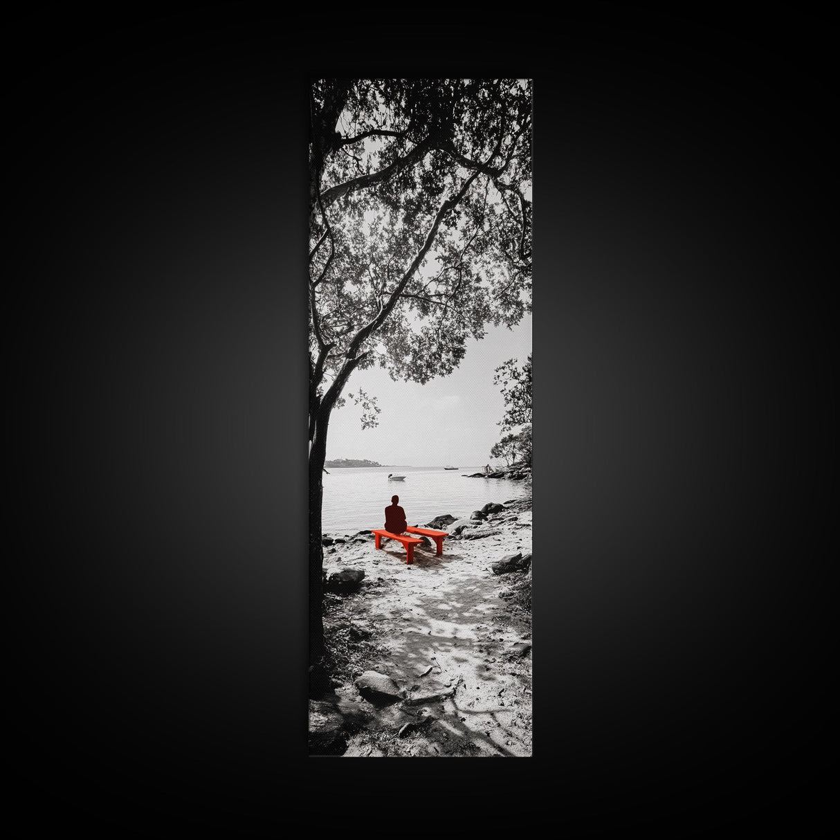 Lonely Figure, Red Bench, Reflective Scene, Peaceful Beach Wall Art, Framed Canvas Print, Black and White Photography, Zen Room Decor