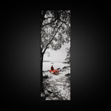 Lonely Figure, Red Bench, Reflective Scene, Peaceful Beach Wall Art, Framed Canvas Print, Black and White Photography, Zen Room Decor