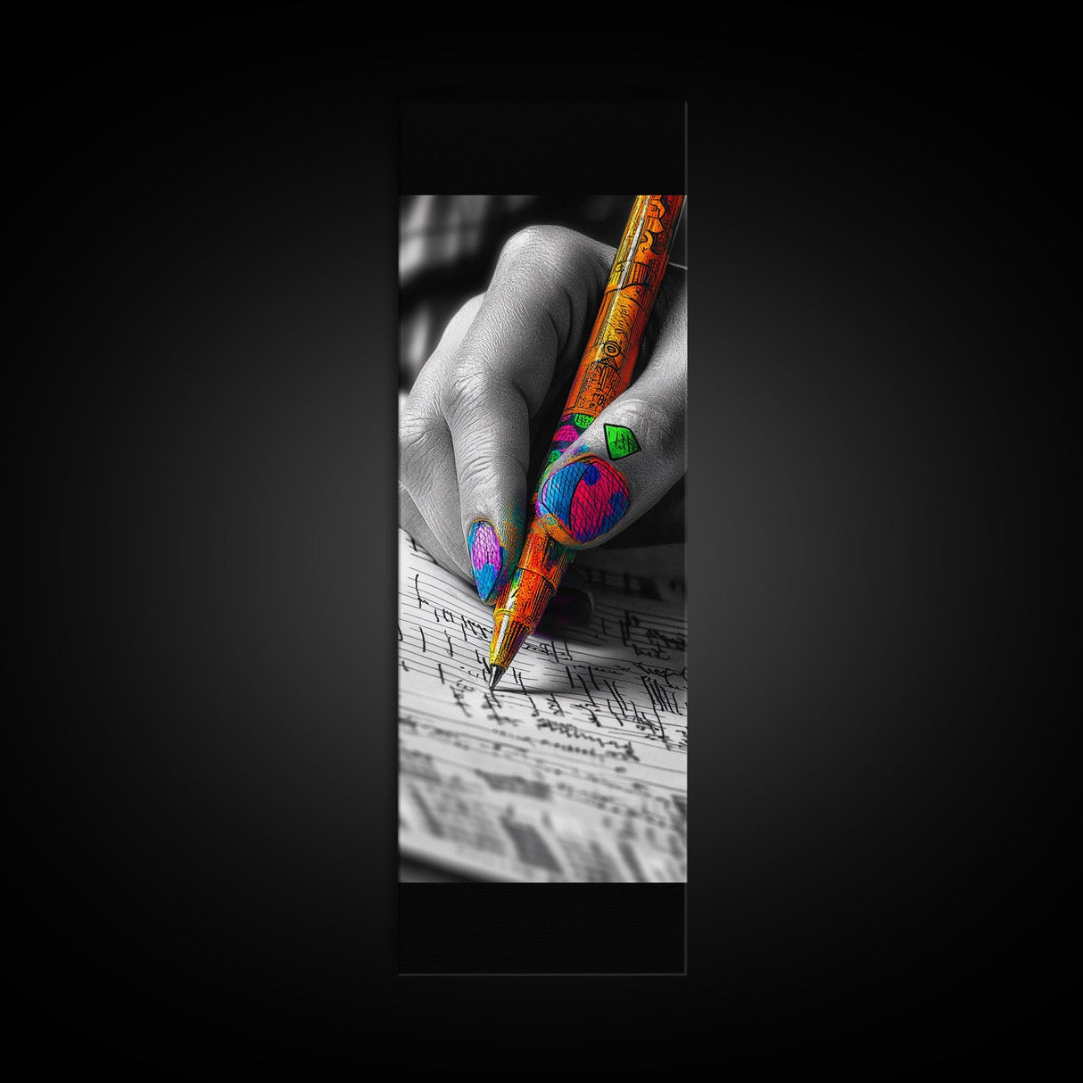 Vibrant Nails, Artistic Pen, Writing Closeup, Framed Canvas Print, Bold Office Wall Art, Pop Art Style, Creative Studio Decor
