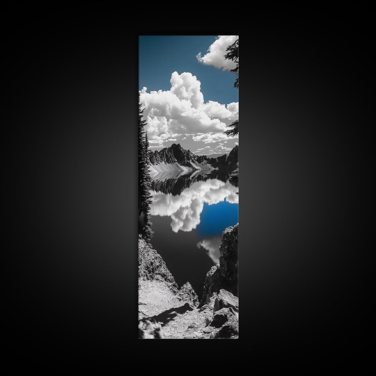 Reflected Clouds, Blue Sky, Mountain Lake, Wilderness Escape, Scenic Nature Art, Framed Canvas Print, Tranquil Office Wall Decor