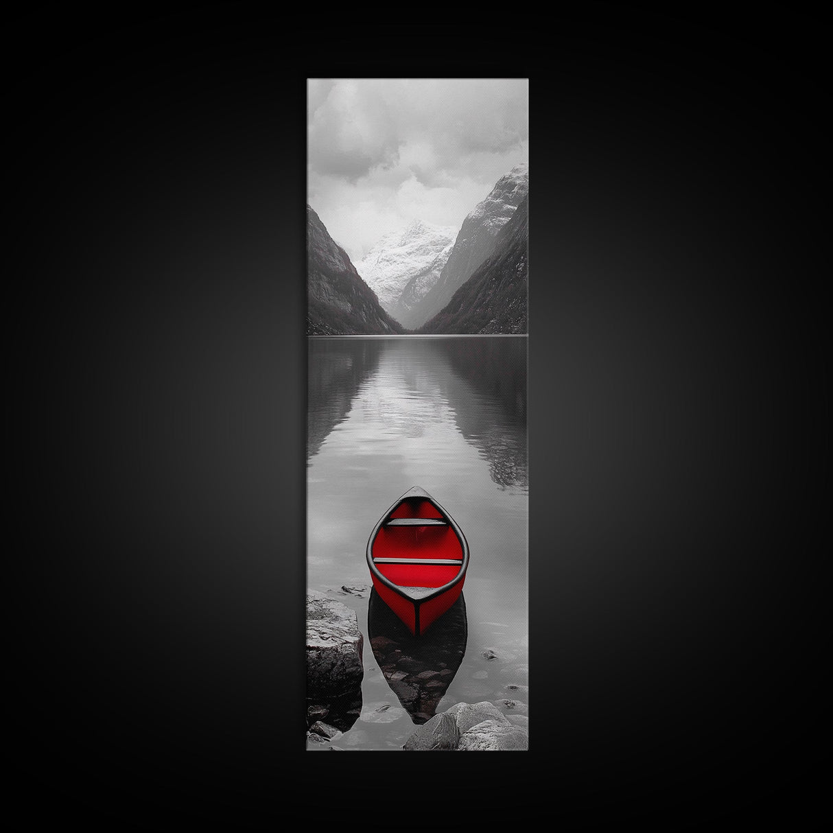 Red Canoe, Mountain Lake, Minimalist Reflection, Snowy Peaks, Framed Canvas Print, Nordic Cabin Wall Art, Serene Bedroom Decor