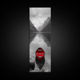 Red Canoe, Mountain Lake, Minimalist Reflection, Snowy Peaks, Framed Canvas Print, Nordic Cabin Wall Art, Serene Bedroom Decor