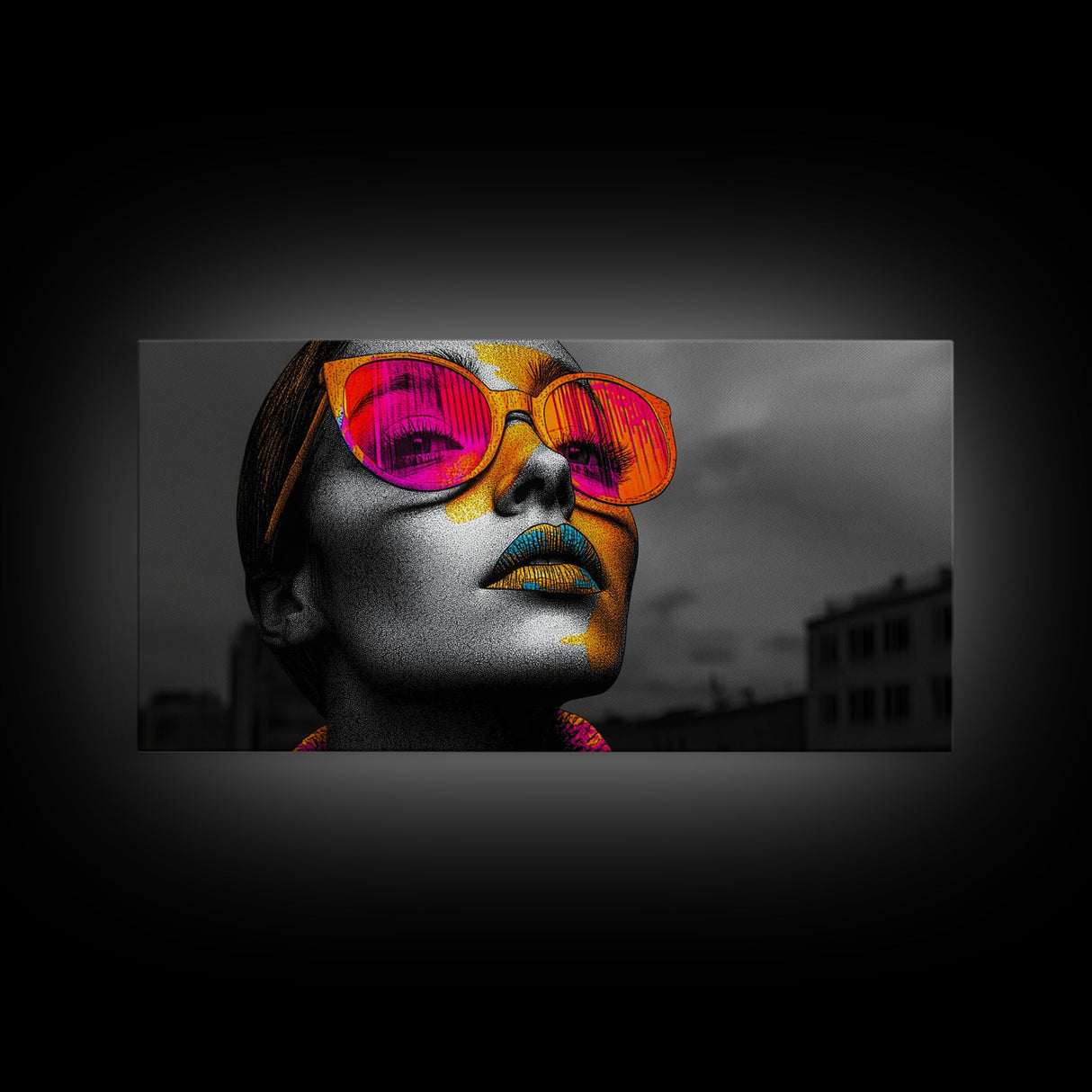 Pop Art, Sunglasses, Neon, Bold and vibrant pop art woman in neon shades on Framed Canvas Print, modern Teen Room Wall Art, Stylish Decor