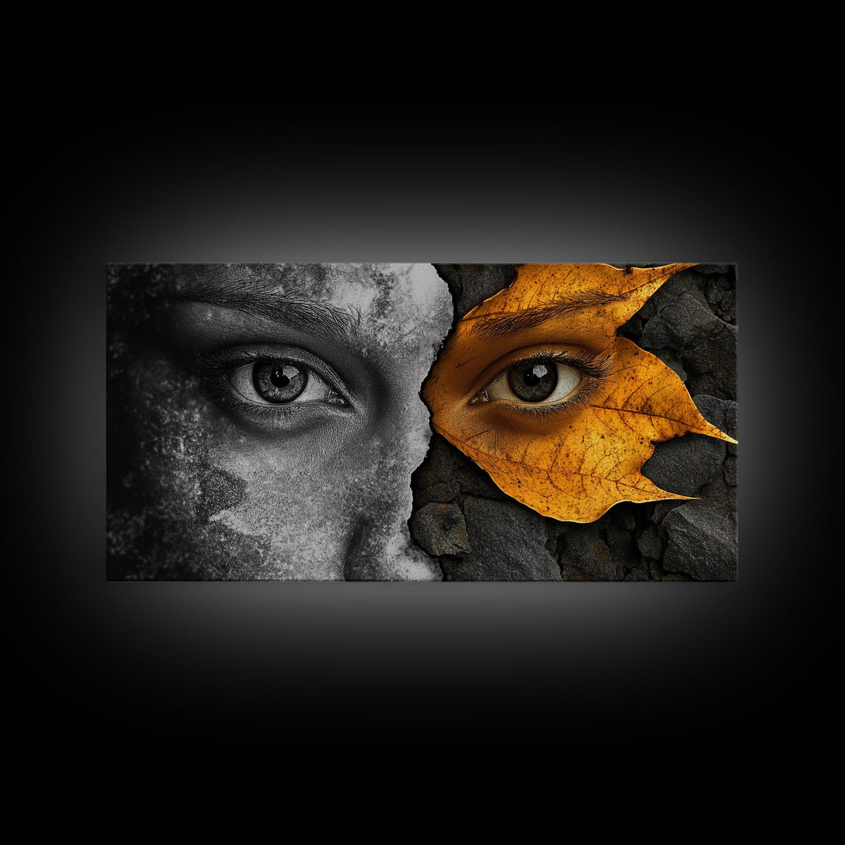 Eyes, Autumn, Leaves, Emotional duality in surreal leaf-face art on this Framed Canvas Print, Fall Decor and Unique Modern Living Room Art