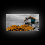 Fishing Boat, Coastal Life, Yellow Net, Framed Canvas Print, Nautical Decor, Beach House Wall Art, Seaside Photography, Ocean Lover Gift