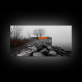 Fog Wall, Concrete Graffiti, Misty Lake Path, Framed Canvas Print, Urban Nature Blend, Moody Art, Hallway Decor, Modern Grayscale Style