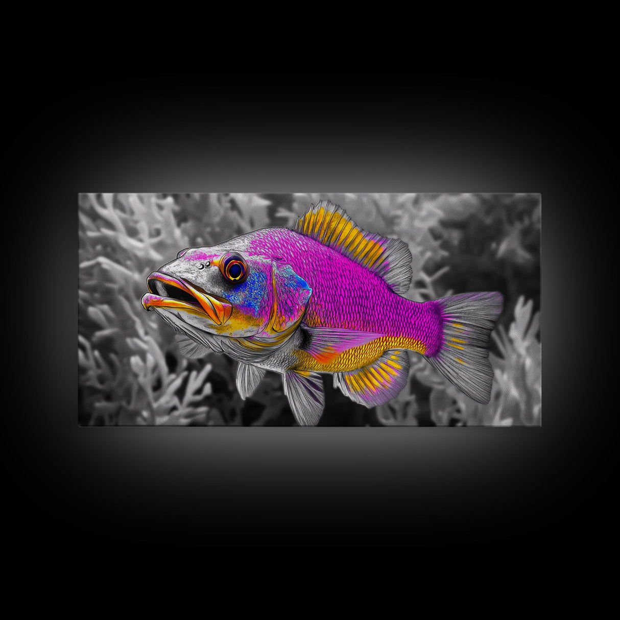 Neon Fish, Vibrant Sea Life, Underwater Wall Art, Ocean Fantasy, Framed Canvas Print, Kids Room Decor, Tropical Pop Art, Bold Colors