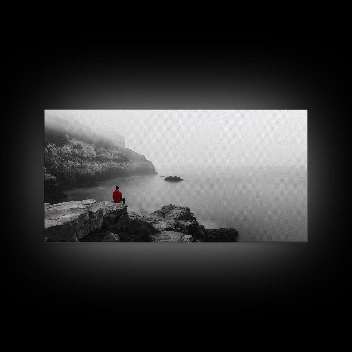 Red Hoodie, Ocean Cliff, Misty Silence, Framed Canvas Print, Minimalist Solitude Art, Mental Health Awareness, Bedroom Wall Decor, Calm Scene