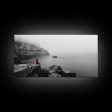 Red Hoodie, Ocean Cliff, Misty Silence, Framed Canvas Print, Minimalist Solitude Art, Mental Health Awareness, Bedroom Wall Decor, Calm Scene