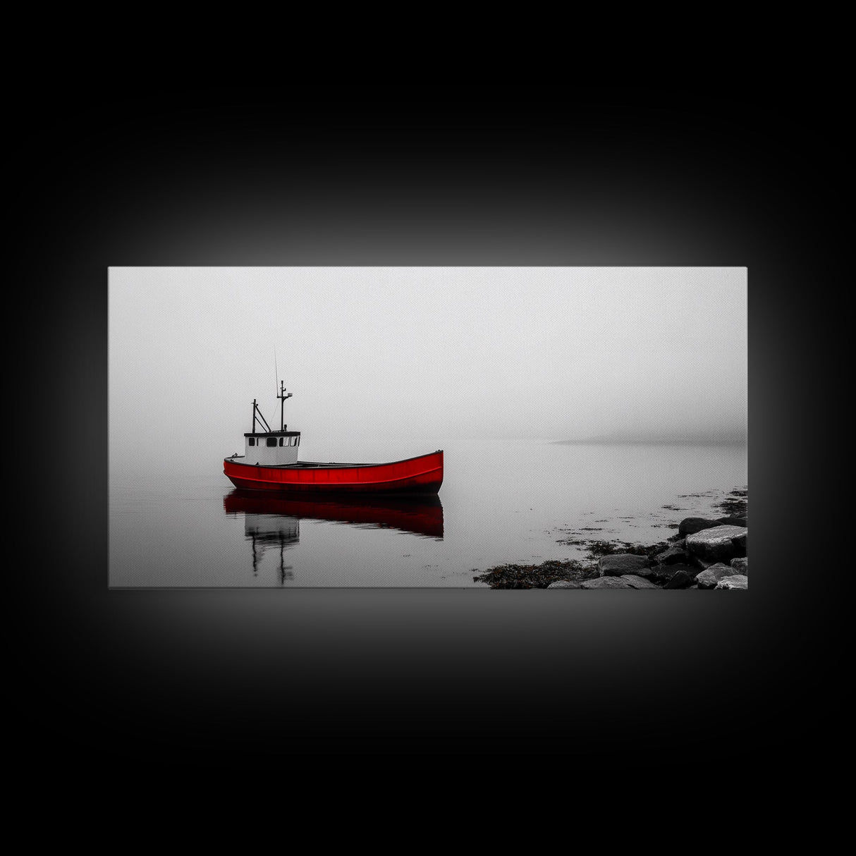 Red Boat, Calm Water, Minimalist Decor, Ocean Scene, Living Room Wall Art, Coastal Style, Canvas Print, Modern Nautical, Serene Landscape