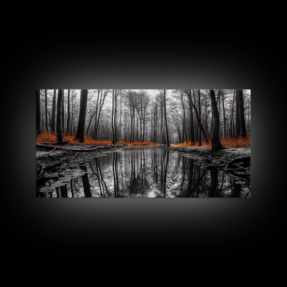 Reflected Forest, Orange Leaves, Tranquil River, Monochrome Fall, Canvas Print, Rustic Decor, Bedroom Wall Art, Woodland Scene