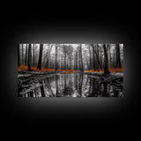 Reflected Forest, Orange Leaves, Tranquil River, Monochrome Fall, Canvas Print, Rustic Decor, Bedroom Wall Art, Woodland Scene