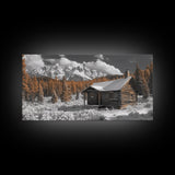 Snowy Cabin, Winter Landscape, Mountain Lodge, Rustic Retreat, Framed Canvas Print, Cozy Wall Art, Cabin Living, Holiday Decor