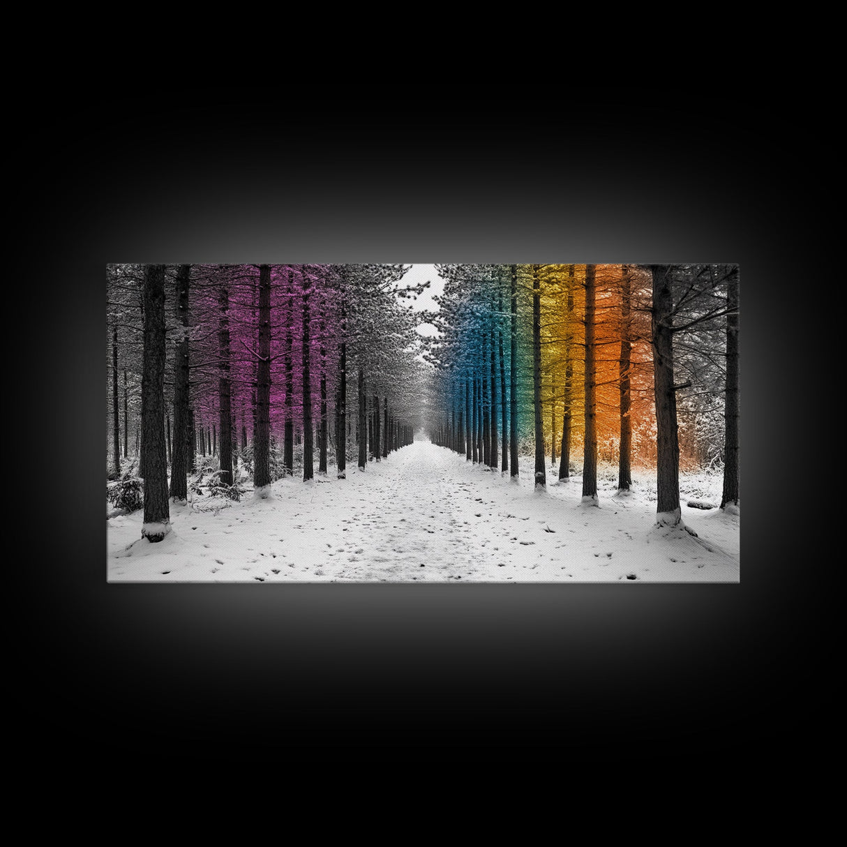Snowy Pines, Rainbow Forest, Winter Walkway, Colorful Trees, Canvas Print, Whimsical Art, Nursery Wall Art, Minimalist Nature Style