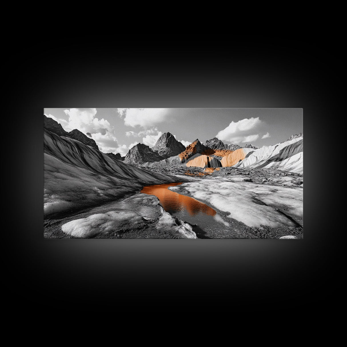 Glacial Canyon, Orange Reflection, Monochrome Mountain, Fall Landscape, Framed Canvas Print, Rustic Wall Decor, Adventure Photography