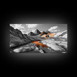 Glacial Canyon, Orange Reflection, Monochrome Mountain, Fall Landscape, Framed Canvas Print, Rustic Wall Decor, Adventure Photography