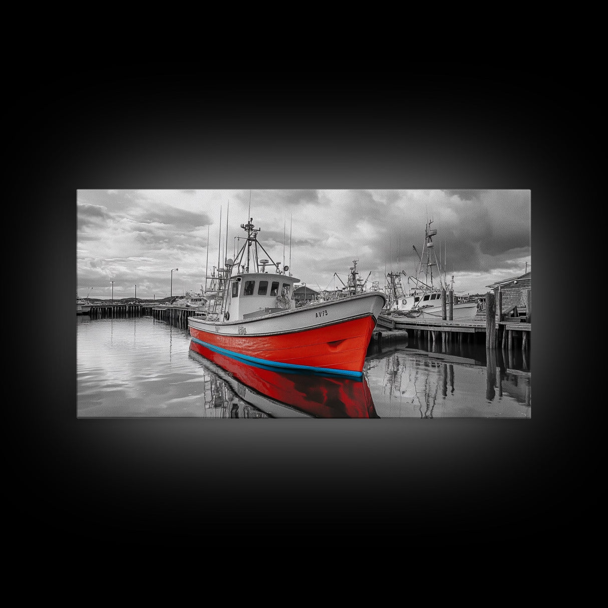 Red Boat, Dock Reflections, Moody Sky, Harbor Life, Framed Canvas Print, Nautical Wall Decor, Coastal Art, Living Room Art, Maritime Style