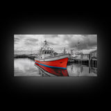 Red Boat, Dock Reflections, Moody Sky, Harbor Life, Framed Canvas Print, Nautical Wall Decor, Coastal Art, Living Room Art, Maritime Style