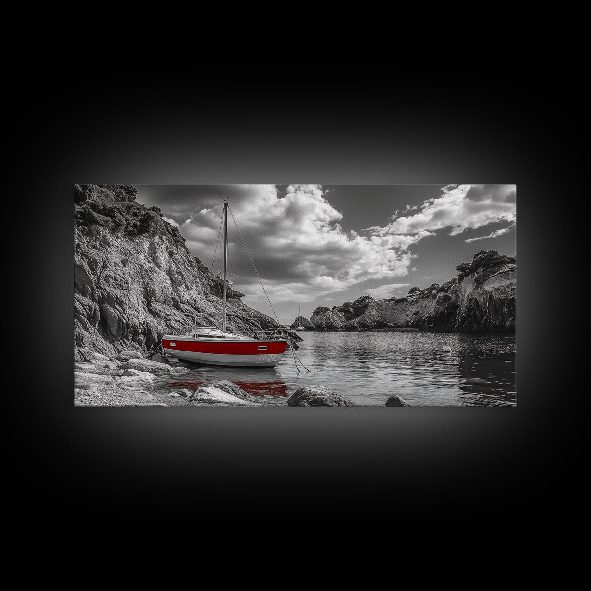 Red Sailboat, Rocky Cove, Tranquil Water, Coastal Escape, Canvas Print, Nautical Wall Art, Minimalist Seaside Style, Black White Art