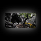 Forest Cave, Green Tree, Yellow Wildflowers, Peaceful Nature, Framed Canvas Print, Rustic Wall Decor, Cabin Living Room Art, Landscape