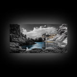 Hidden Cove, Blue Waters, Rugged Coast, Rocky Escape, Canvas Print, Nature Wall Art, Minimalist Seascape, Monochrome Landscape