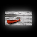 Beached Boat, Calm Waters, Cloudy Horizon, Serene Coastline, Framed Canvas Print, Coastal Wall Art, Minimalist Home Decor, Beach House