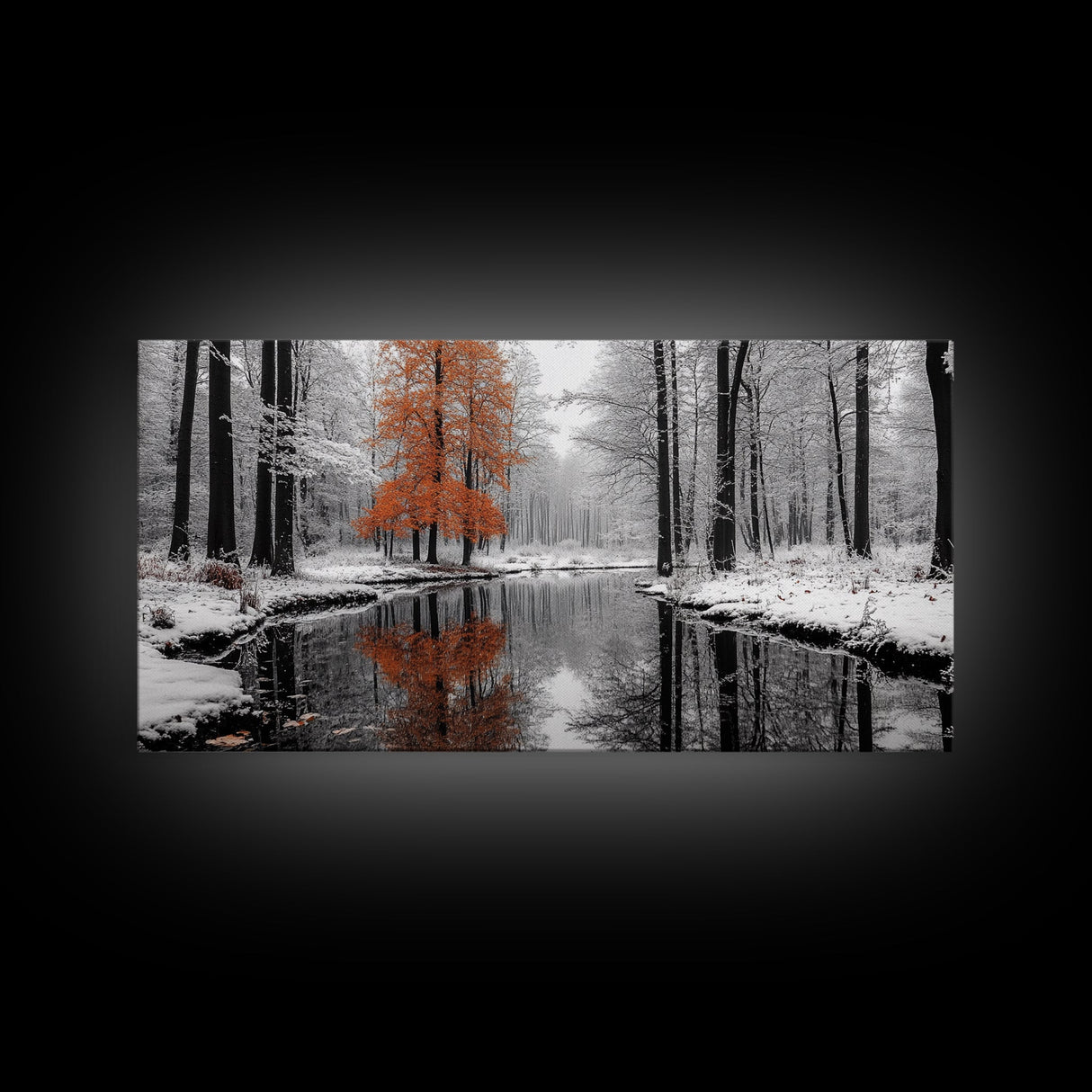 Orange Tree, Snow Forest, Winter River, Autumn Contrast, Canvas Print, Fall Wall Decor, Living Room Art, Nature Photography, Moody Art